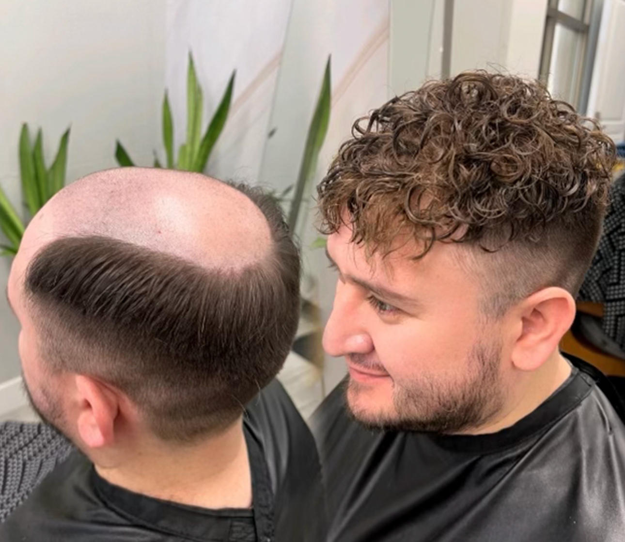 Curly men's hair unit before-and-after result at Monk the Guru in Taunton