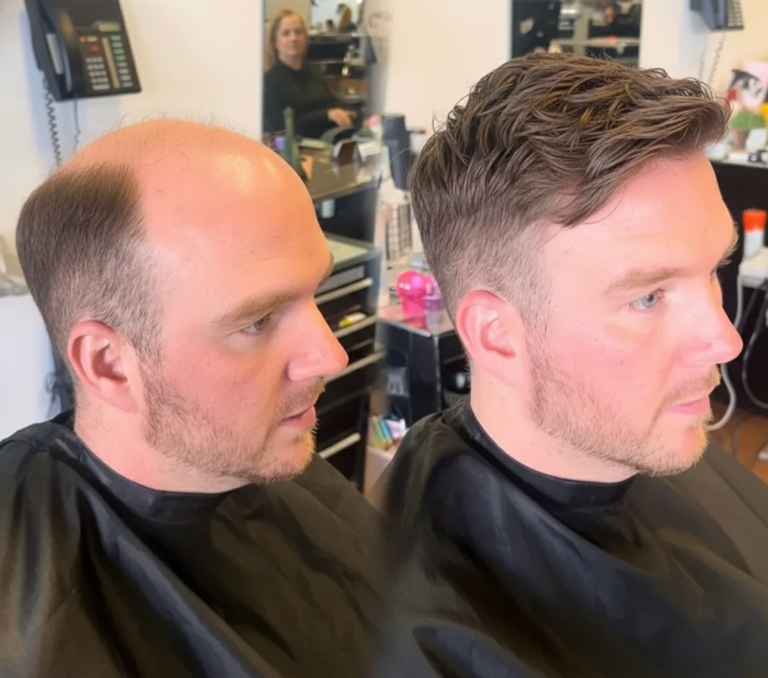 Men's non-surgical hair replacement before-and-after result in Taunton